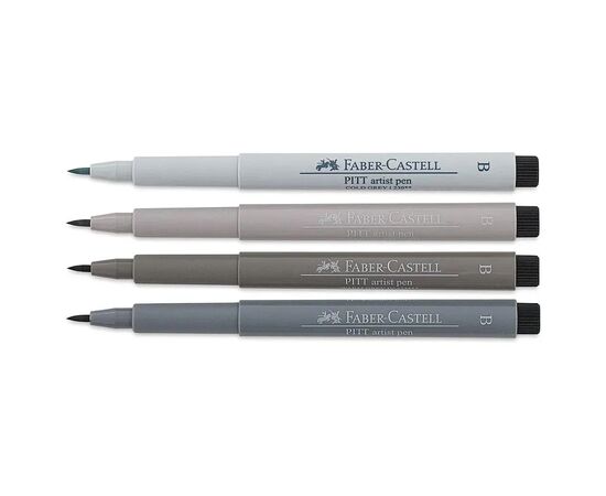 Лайнер Faber-Castell набор капиллярных ручек кисточки Pitt Artist Pen India ink pen, 4 оттенка серого (30338), изображение 3