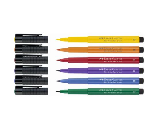 Лайнер Faber-Castell набор капиллярных ручек кисточки PITT Artist Pens Brush, 6 цветов (32105), изображение 3