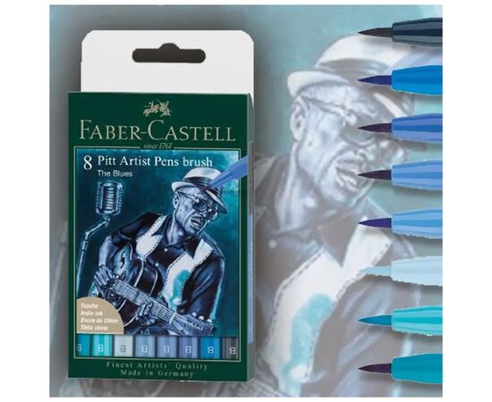 Лайнер Faber-Castell набор капиллярных ручек кисточек PITT Artist Pens Brush The Blues, 8 цветов (32113), изображение 5