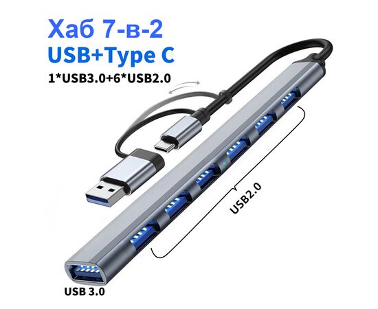Концентратор Dynamode USB-C + UAB-A to 1xUSB 3.0 + 6xUSB 2.0 gray (DM-UH-701AC), изображение 2