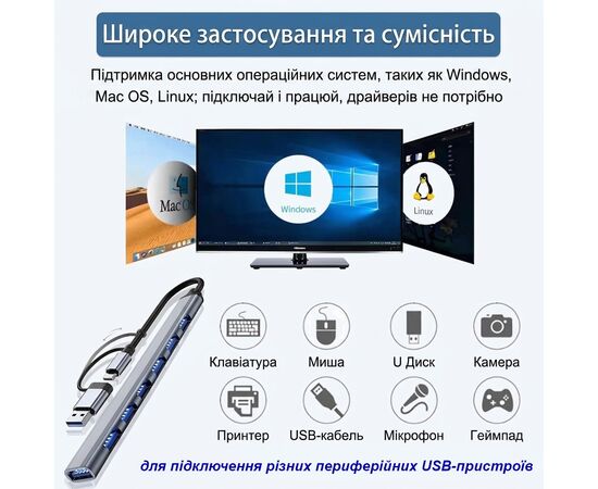 Концентратор Dynamode USB-C + UAB-A to 1xUSB 3.0 + 6xUSB 2.0 gray (DM-UH-701AC), изображение 5