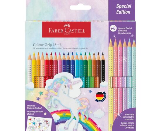 Карандаши цветные Faber-Castell Colour Grip Unicorn, акварельні, 18 кольорів + 6 пастельних (201543) (32324)