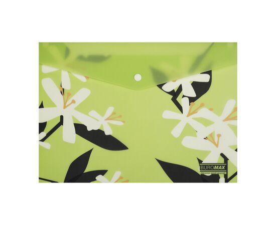 Папка - конверт Buromax А4 на кнопке, PLUMERIA ARABESKI, полупрозрачная, салатовая (BM.3943-15)