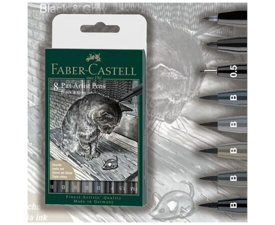 Лайнер Faber-Castell набор капиллярных ручек Pitt Artist Pens Black & Grey, 8 штук черный и серый (32103), изображение 5
