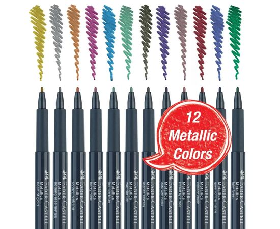 Набор маркеров Faber-Castell тонких металликов для декорирования Metallics Marker M (1,5 мм) 12 цветов (32019), изображение 4
