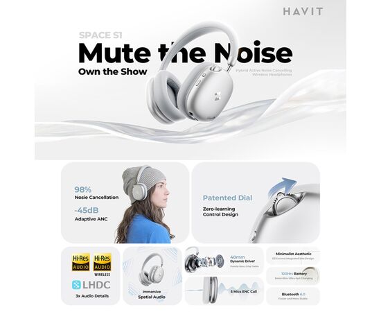 Наушники Havit H670BT Space S1 ANC Silver (6939119093488), изображение 5