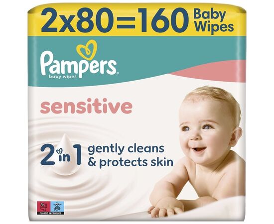 Дитячі вологі серветки Pampers Sensitive 2 x 80 шт(160 шт) (8006530135252), зображення 2