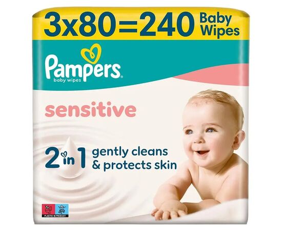 Детские влажные салфетки Pampers Sensitive 3 x 80 шт (240 шт) (8006530134521), изображение 2