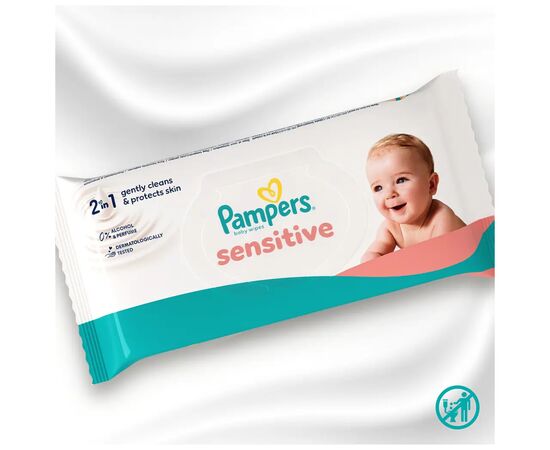 Детские влажные салфетки Pampers Sensitive 3 x 80 шт (240 шт) (8006530134521), изображение 4