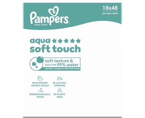 Детские влажные салфетки Pampers Aqua Soft Touch 48 шт х 18 пачок (864 шт) (8006530139977), изображение 2