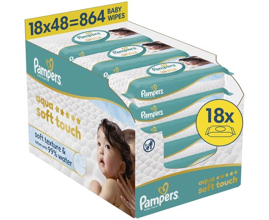 Детские влажные салфетки Pampers Aqua Soft Touch 48 шт х 18 пачок (864 шт) (8006530139977)