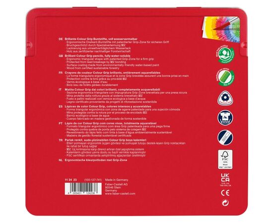 Олівці кольорові Faber-Castell Grip акварельні, тригранні, в металевій коробці 24 кольори, (112423) (25578), зображення 3