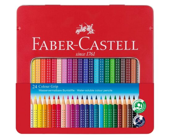 Олівці кольорові Faber-Castell Grip акварельні, тригранні, в металевій коробці 24 кольори, (112423) (25578)