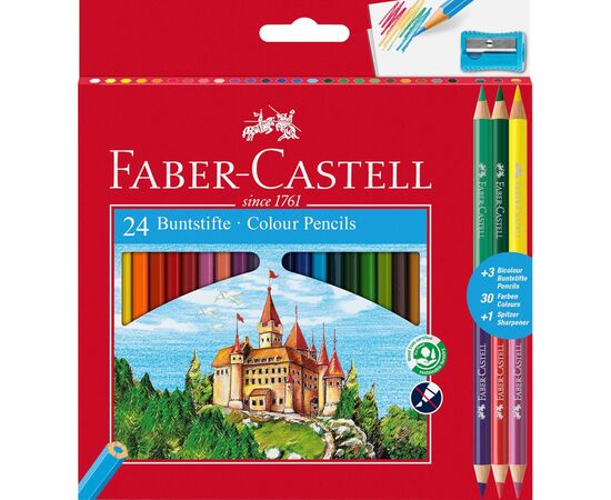 Олівці кольорові Faber-Castell 24 кольори "Замок" + 3 двоколірні олівці + стругачка, (110324) (5515)