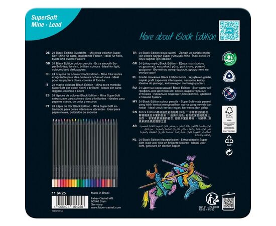 Олівці кольорові Faber-Castell Black Edition colour pencils 24 кольора тригранні чорне дерево, металева коробка (116425) (32086), зображення 2
