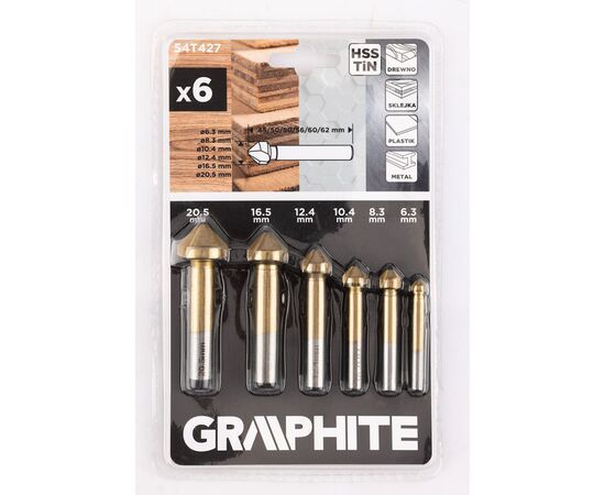 Набор сверл Graphite конические, для фрезирования, TiN, 6.3–20.5мм, кейс, 6шт (54T427), изображение 7