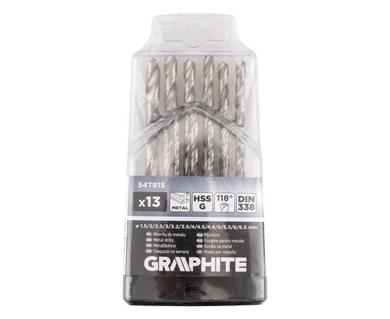 Набор сверл Graphite по металлу, HSS-G, 1.5–6.5мм, кейс, 13шт (54T915), изображение 6