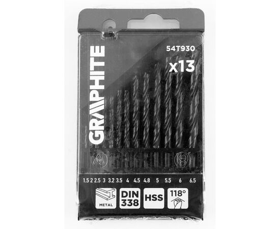 Набор сверл Graphite по металлу, HSS, 1.5–6.5мм, кейс, 13шт (54T930), изображение 6