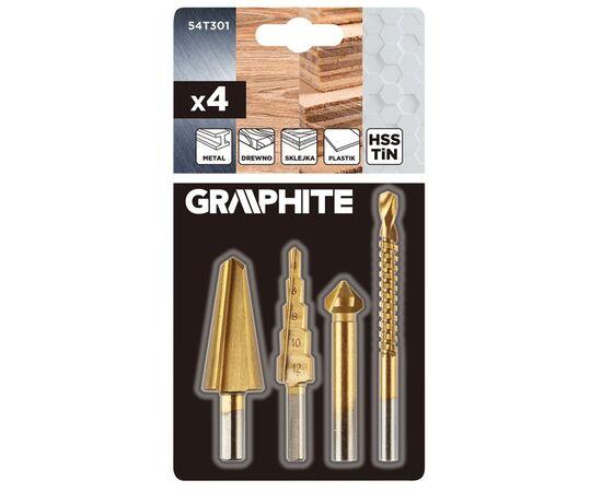 Набор сверл Graphite TiN, ступенчатое, развертка, фреза, зенкер, 4шт, 0.098кг (54T301), изображение 9