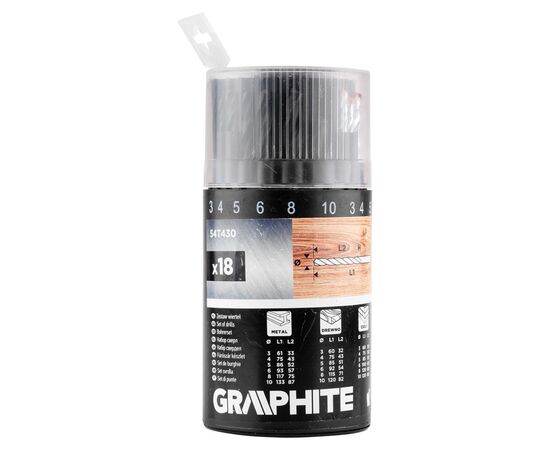 Набор сверл Graphite по металлу, дереву, кирпичу, 3–6,8,10мм, 18шт (54T430), изображение 2