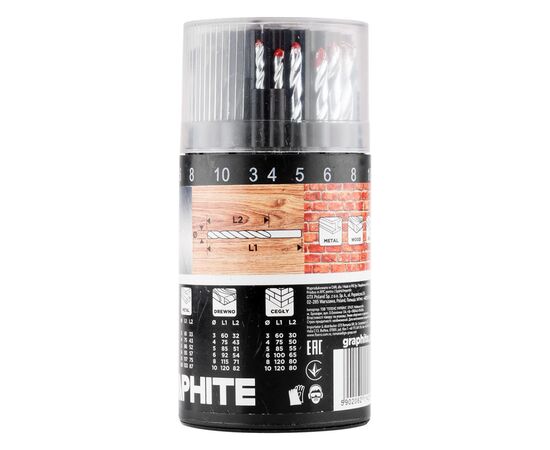 Набор сверл Graphite по металлу, дереву, кирпичу, 3–6,8,10мм, 18шт (54T430), изображение 4