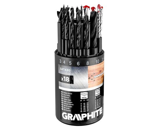 Набор сверл Graphite по металлу, дереву, кирпичу, 3–6,8,10мм, 18шт (54T430), изображение 9