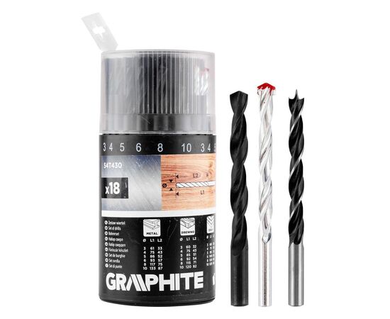 Набор сверл Graphite по металлу, дереву, кирпичу, 3–6,8,10мм, 18шт (54T430)