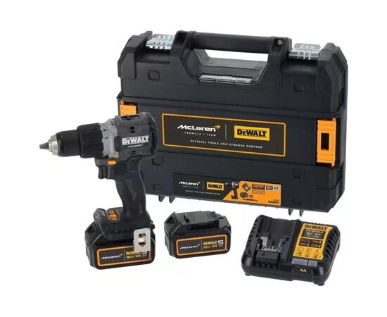Шуруповерт DeWALT McLaren F1 TEAM LIMITED EDITION, 18V, АКБ 2x5Ah, 90Нм, 0-450·0-1650об/хв, кейс, ЗП, 1.34кг (DCD85MP2T)
