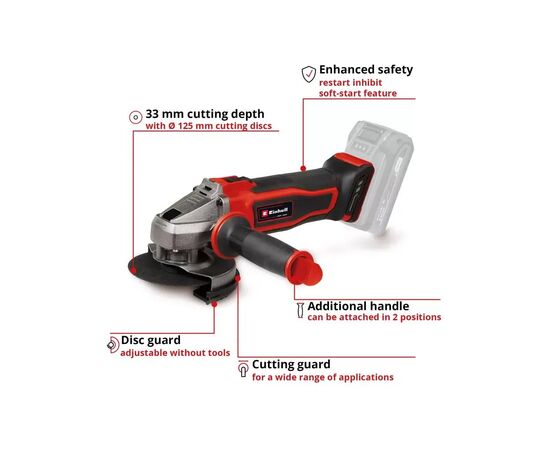 Шліфувальна машина Einhell TE-AG 18/125-2 Li-Solo, 18V, 125мм, 8500об/хв, 1.69кг (без АКБ та ЗП) (4431168), зображення 3