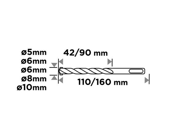 Набор буров Graphite по бетону, SDS Plus, 5x6x110мм, 6x8x10x160мм, кейс, 5шт (56T169), изображение 2